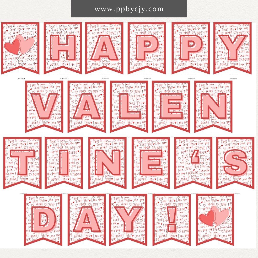 Printable Valentine’s Day flag banner with "Happy Valentine’s Day" lettering and heart designs for festive decorations.

