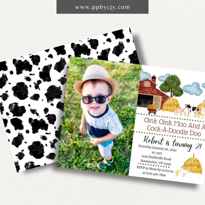 Farm Barnyard Invitation Printable Template – Editable digital download for a rustic farm-themed party.