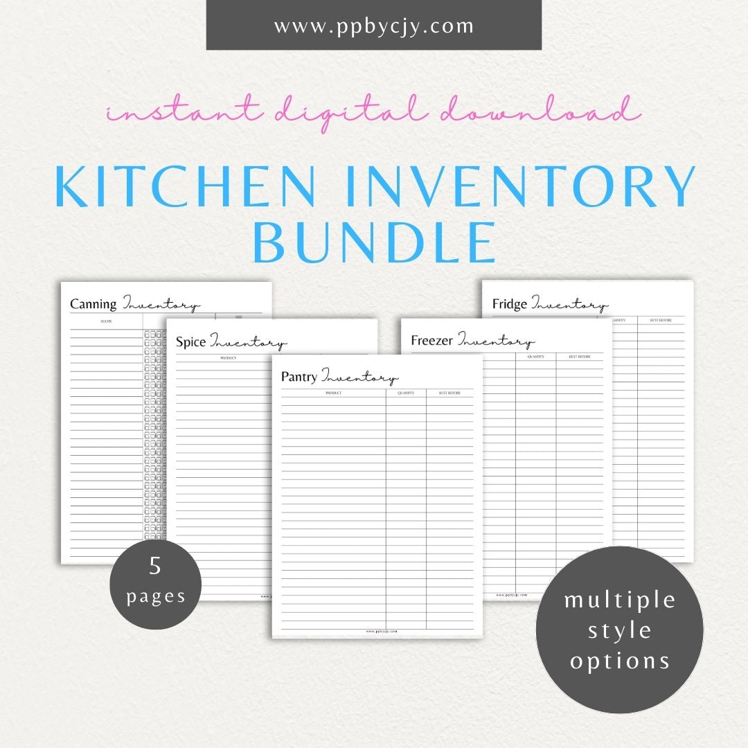 Kitchen Inventory Bundle Printable Template – Digital download featuring a collection of tools for organizing and managing your kitchen inventory, including pantry, refrigerator, and freezer.