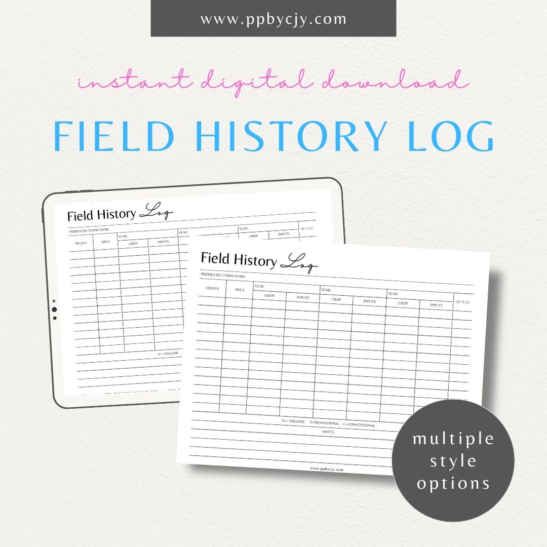 Field History Log Printable Template – Digital download for tracking crop management, field activities, and agricultural practices.