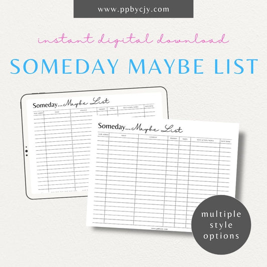 Maybe Someday List Printable Template – Digital download for organizing future goals, dreams, and experiences.