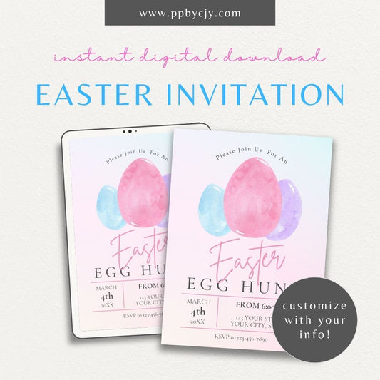 Easter Invitation with Watercolor Egg Theme – Printable artistic party invite for spring gatherings.