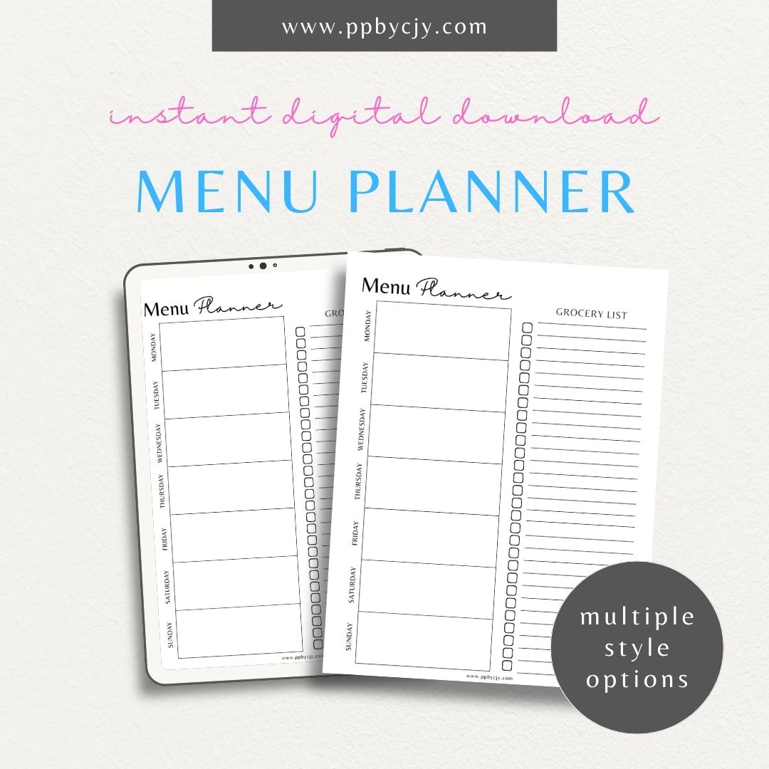 Weekly Meal Planner Printable Template – Digital download for organizing and planning meals for the week, including meal ideas, ingredients, and grocery lists