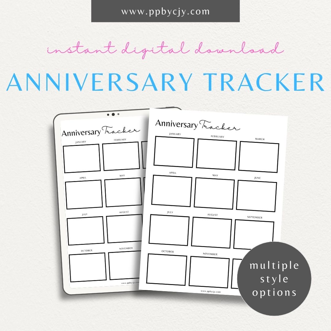 Anniversary Tracker Printable Template – Digital download for recording and remembering important anniversaries, including dates, names, and gift ideas or plans