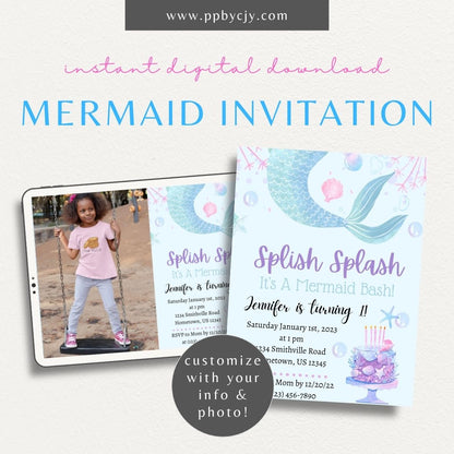 Mermaid Birthday Invitation Printable – Editable digital download with an ocean-inspired design for magical party celebrations.