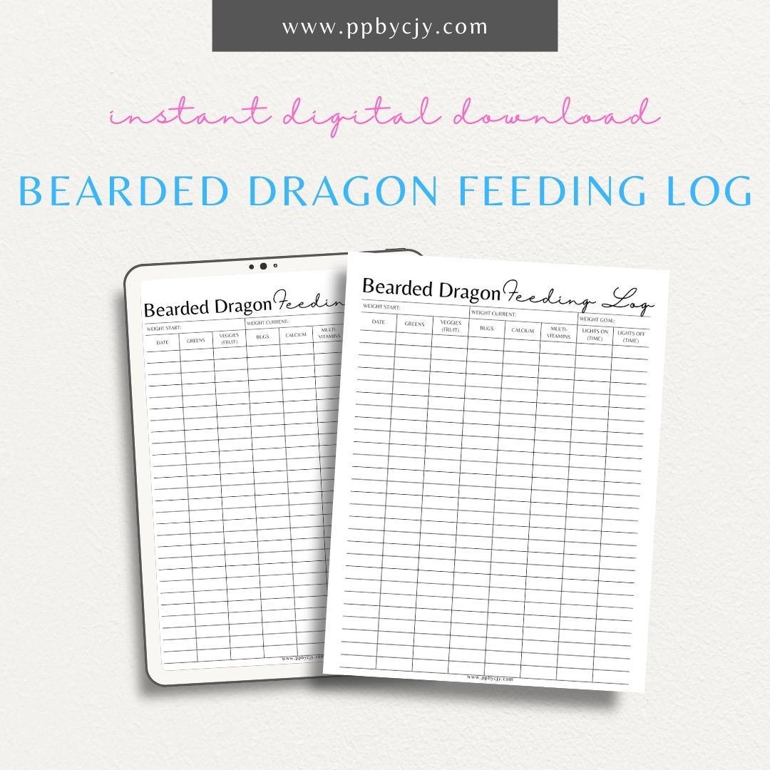 Bearded Dragon Feeding Schedule Printable Template – Digital download for tracking meals, snacks, and supplements for your pet reptile.