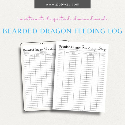 Bearded Dragon Feeding Schedule Printable Template – Digital download for tracking meals, snacks, and supplements for your pet reptile.