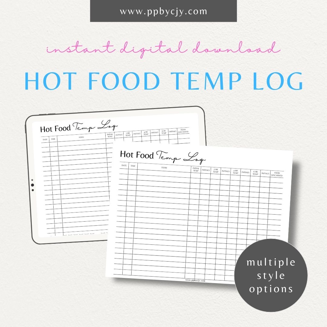 Hot Food Temp Log Printable Template – Digital download for tracking kitchen temperature and ensuring food safety.