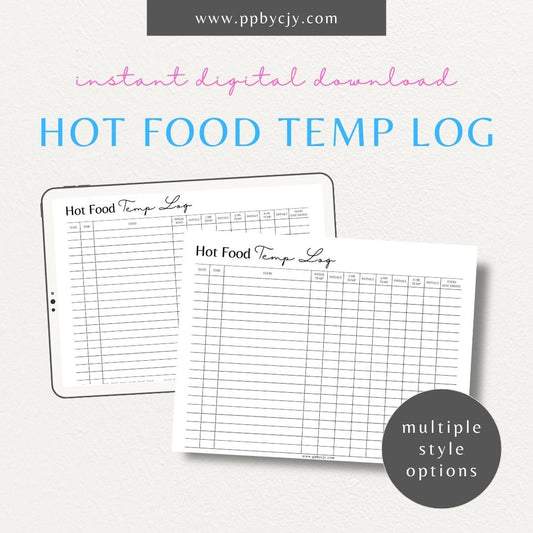 Hot Food Temp Log Printable Template – Digital download for tracking kitchen temperature and ensuring food safety.