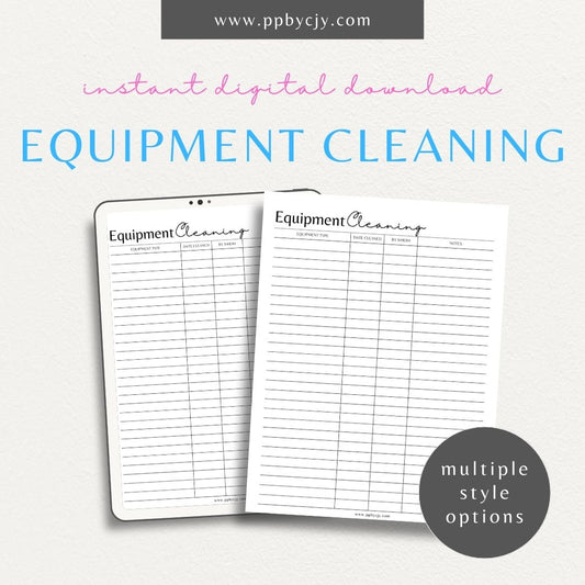 Equipment Cleaning Log Printable Template – Digital download for tracking cleaning schedules, methods, and maintenance for workplace equipment.