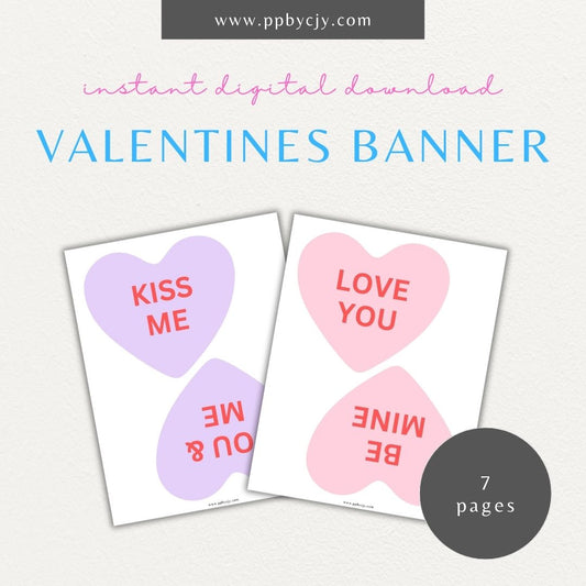 Printable Valentine’s Day flag banner with colorful conversation hearts featuring classic sayings for festive decoration.

