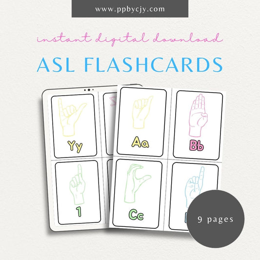 ASL Alphabet Flashcards Printable – 4 per page, print and cut, sign language learning tool, digital download.