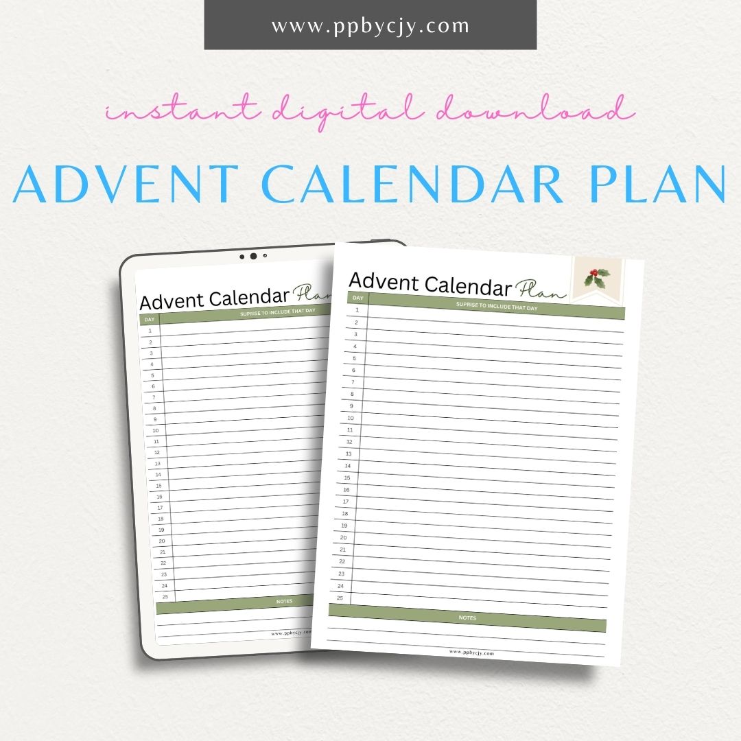 Advent Calendar Planner Printable Template – Digital download for planning 25 days of holiday activities, treats, and family fun.