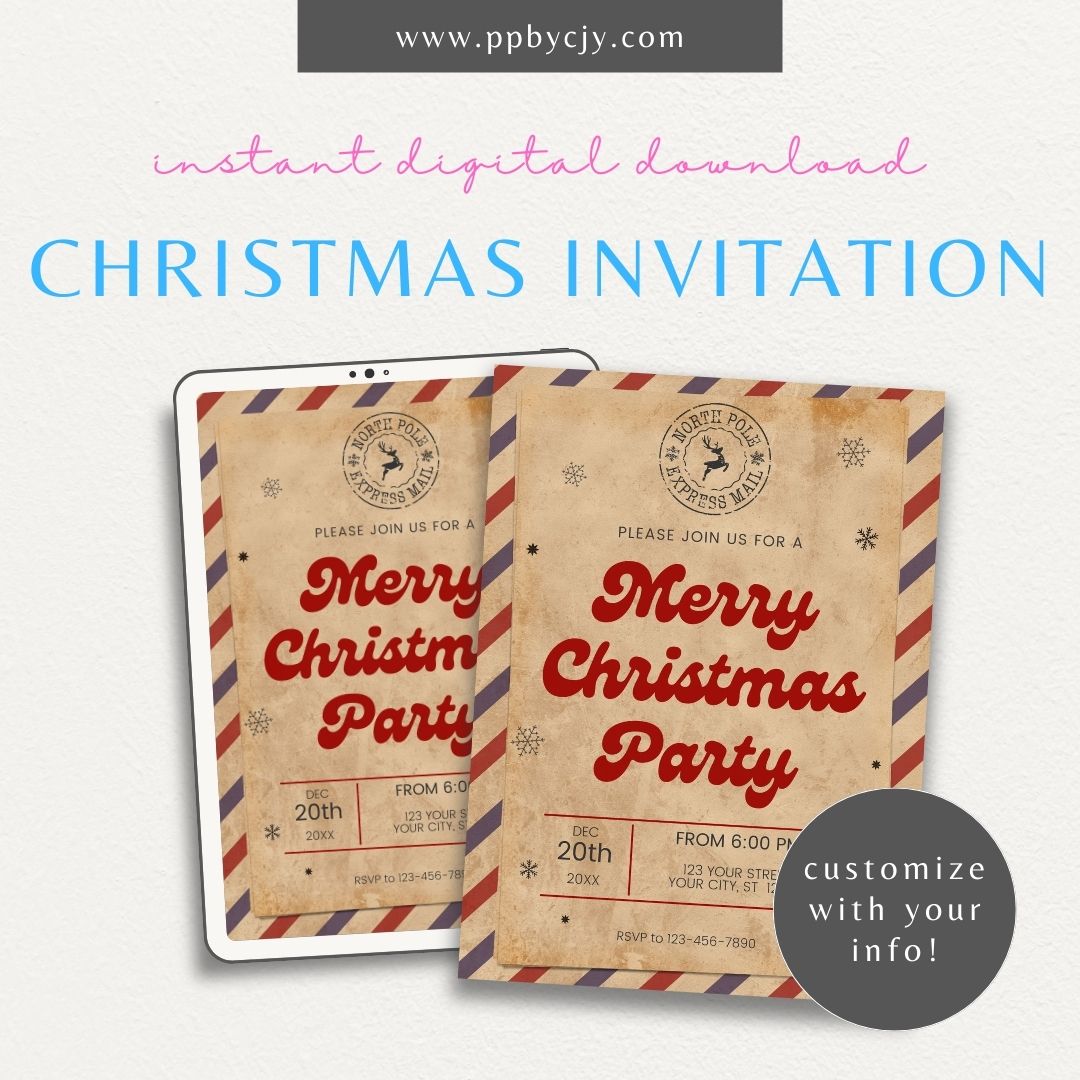 North Pole Express Christmas Invitation – Santa's Workshop Party Printable Template with a festive train design.