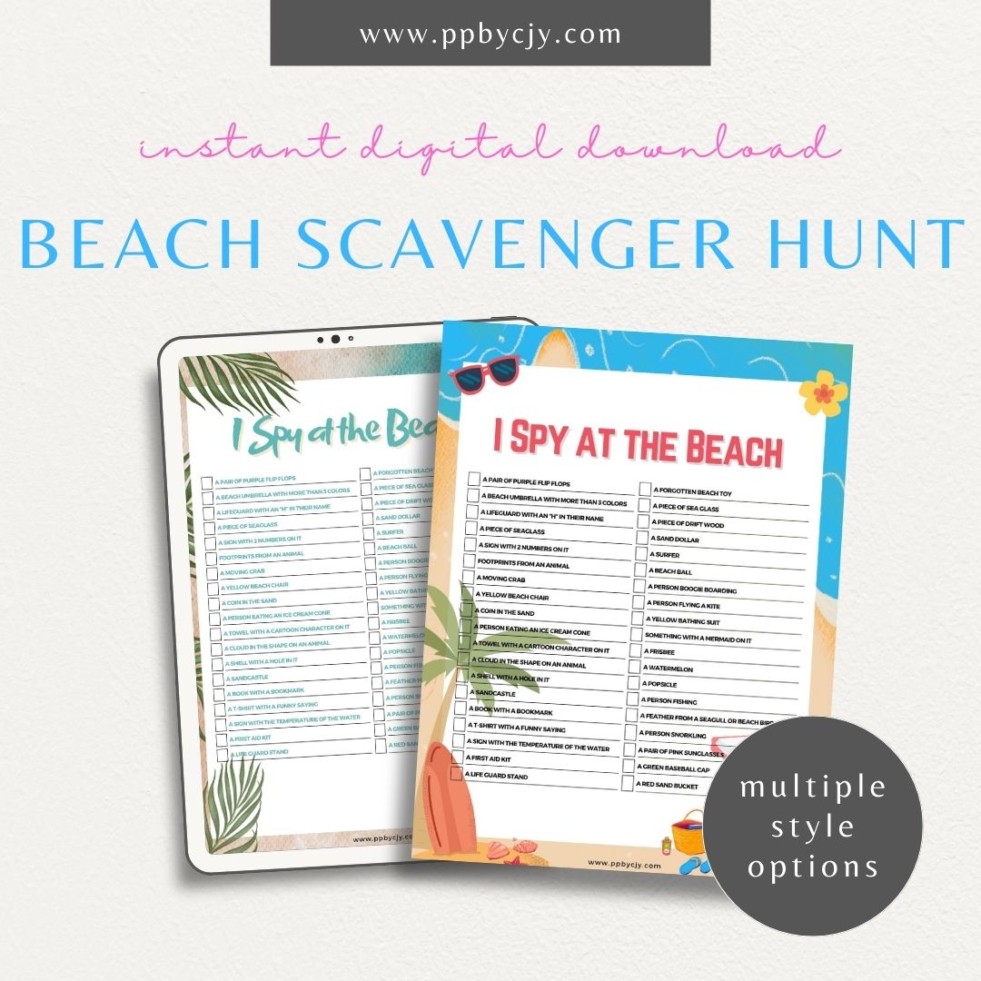 Beach Scavenger Hunt Printable Template – Digital Download for Fun Beach Activities and Exploration