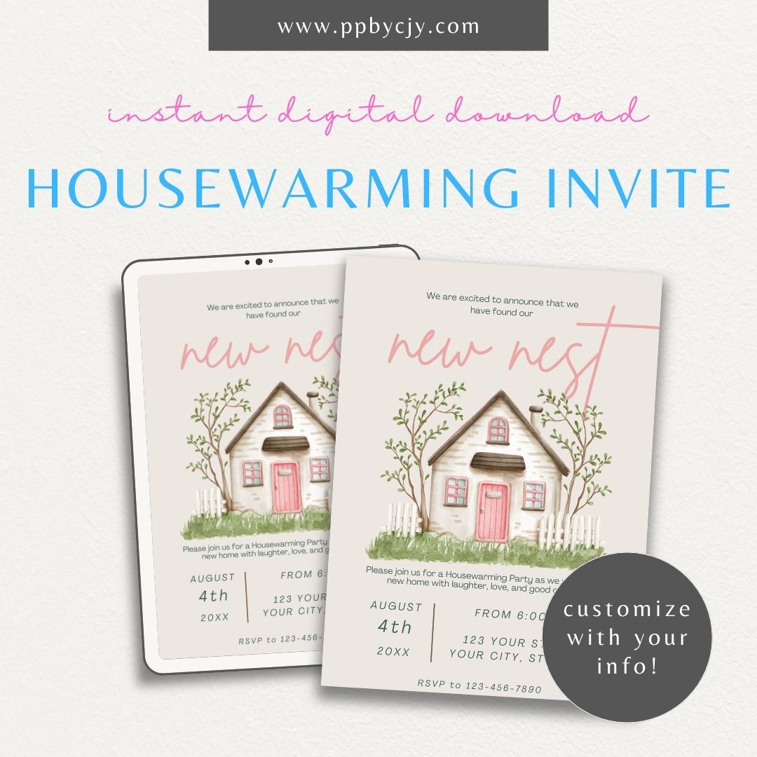 Housewarming Party Invitation Template Printable – Digital download with cozy house design