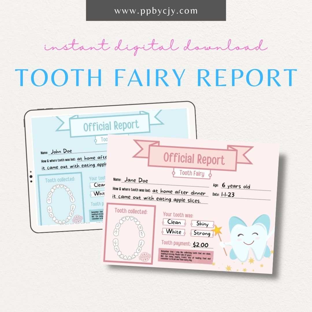 Personalized Tooth Fairy Certificate Printable Template – Digital download for creating customized certificates to celebrate a child's lost tooth, including space for the child’s name and the Tooth Fairy’s message