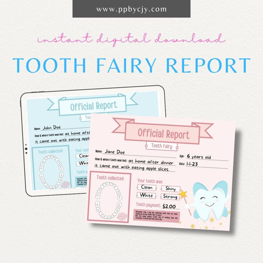 Personalized Tooth Fairy Certificate Printable Template – Digital download for creating customized certificates to celebrate a child's lost tooth, including space for the child’s name and the Tooth Fairy’s message