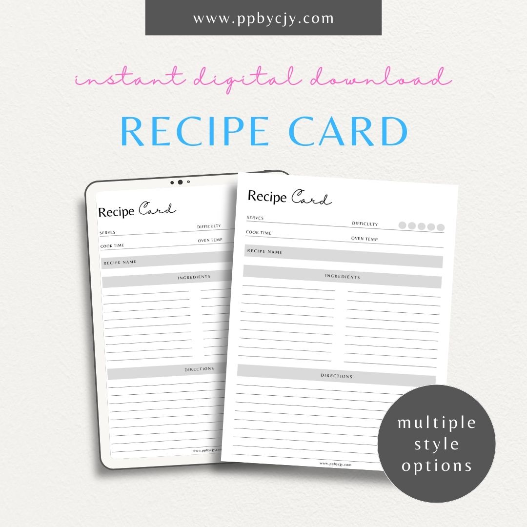 Recipe Card Printable Template – Digital download for organizing and documenting your favorite recipes and cooking instructions