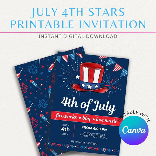 July 4th Stars Printable Invitation with red, white, and blue stars for a patriotic celebration.

