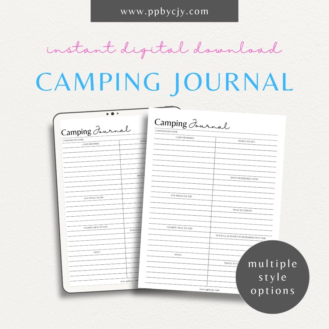 Camping Journal Printable Template – Digital Download for Recording and Reflecting on Camping Experiences and Adventures