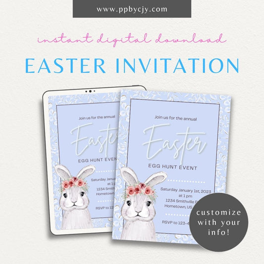 Easter Invitation with Bunny & Flowers – Printable spring party invite for Easter celebration.