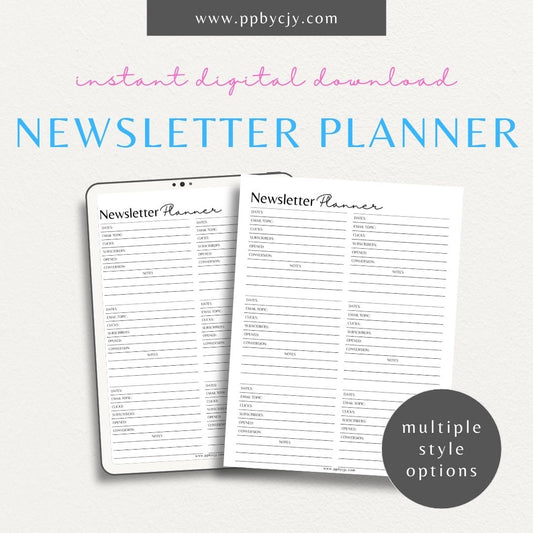 Newsletter Planner Printable Template – Digital download for organizing email campaigns, content scheduling, and newsletter planning