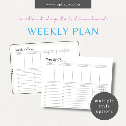 Weekly Planner Printable Template – Digital download for managing weekly schedules, tasks, and goals.