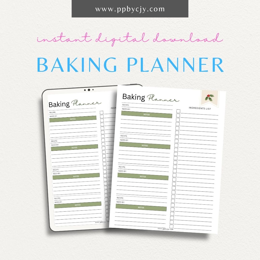 Baking Planner Printable Template – Digital download for organizing recipes, ingredients, and baking schedules