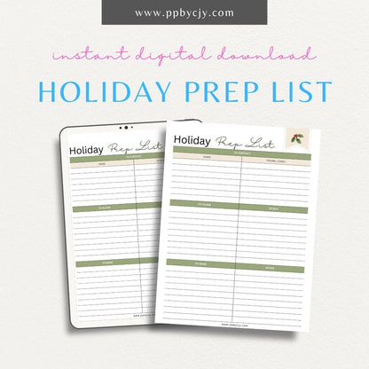 Christmas Holiday Prep List Printable Template – Digital download for organizing holiday tasks, including gift shopping, decorations, and meal planning.