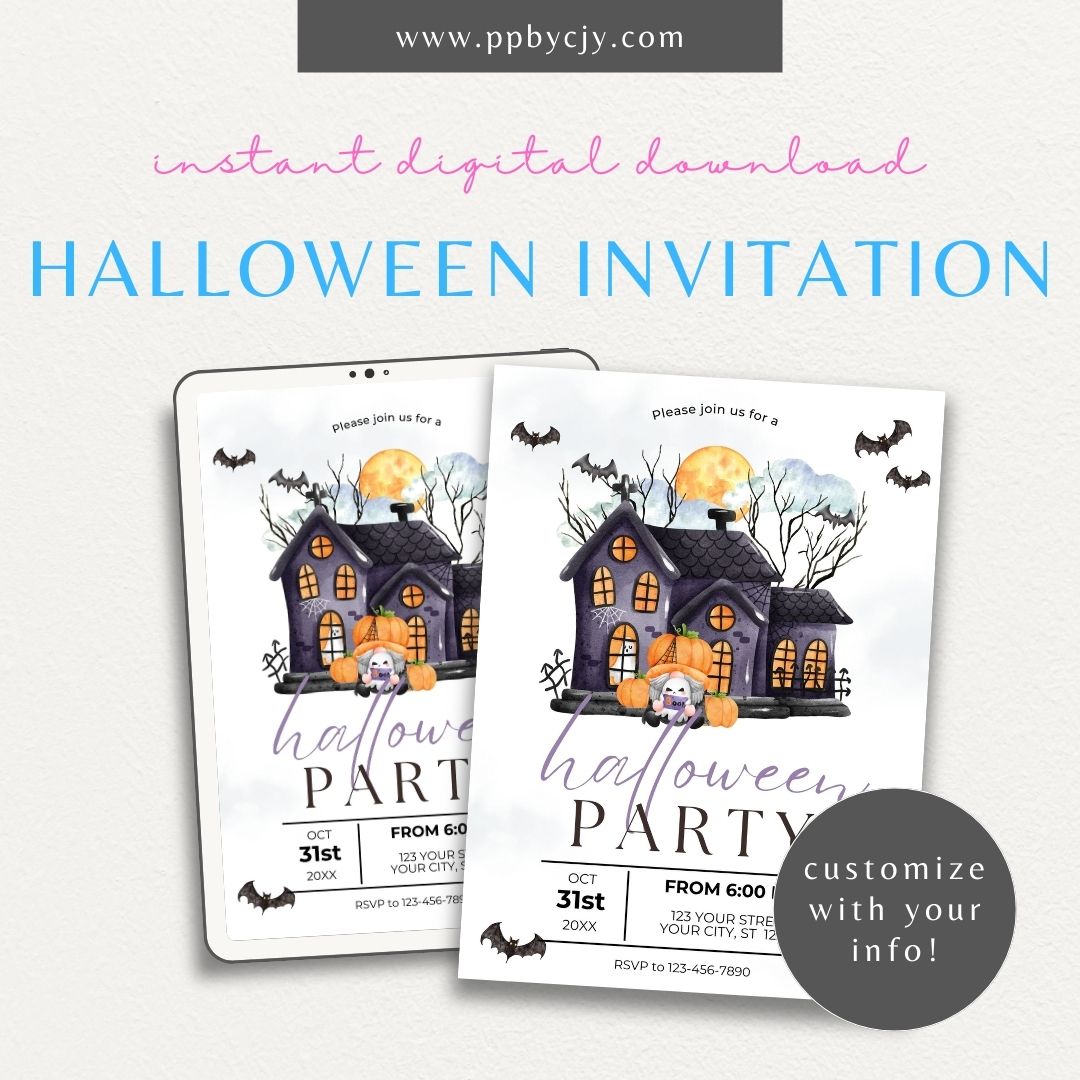 Halloween Invitation with Cute Haunted House – Printable spooky fun party invite.