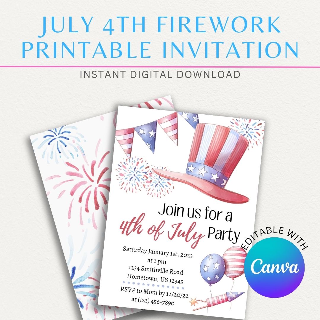 July 4th Firework Printable Invitation with colorful fireworks for a festive Independence Day celebration.

