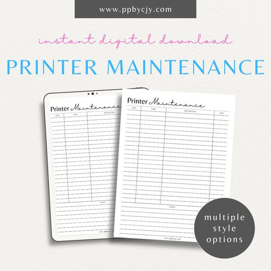 3D Printer Maintenance Log Printable Template – Digital download for tracking and organizing 3D printer care, service dates, and maintenance activities