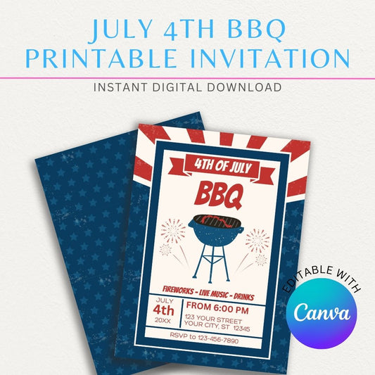 July 4th BBQ Printable Invitation with patriotic BBQ elements for an Independence Day celebration.

