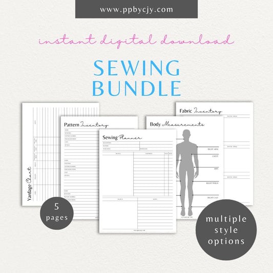 Sewing Planner Bundle Printable Template – Digital download for a comprehensive set of planners to organize and manage all aspects of sewing projects, including patterns, fabrics, schedules, and notes