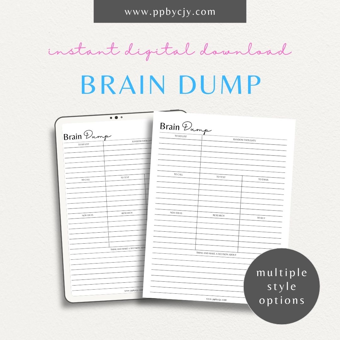 Brain Dump Printable Template – Digital download for decluttering the mind and organizing thoughts and ideas.