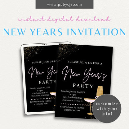 Sparkling New Year's Eve Party Invitation Template Printable – Digital download with glitter and fireworks