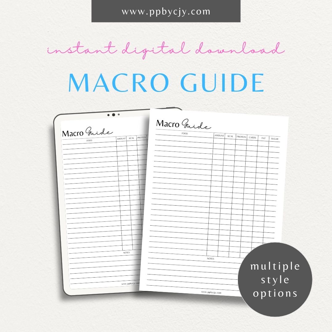 Macros Guide Printable Template – Digital download for tracking macronutrient intake, planning balanced meals, and reaching health goals.