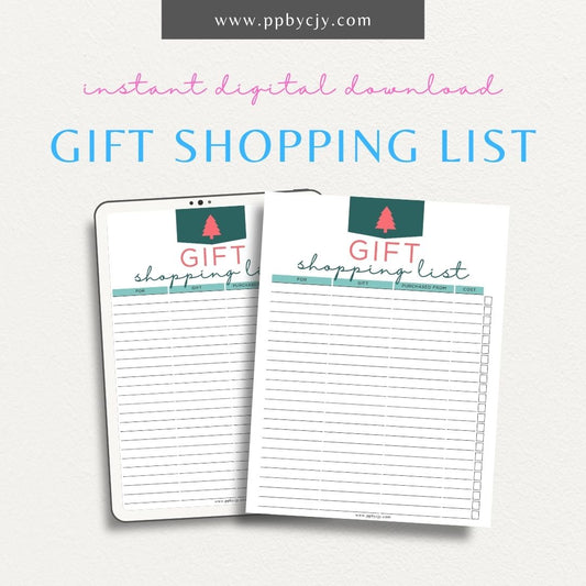 Christmas Gift Shopping List Printable Template – Digital Download for Organizing Holiday Gifts with sections for recipient names, gift ideas, purchase statuses, and budgets.