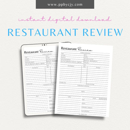 Restaurant Review Printable Template – Digital download for capturing and organizing dining experiences and feedback