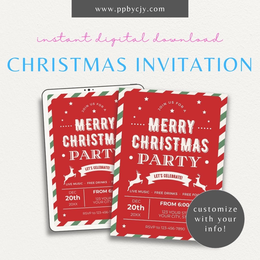 Christmas Party Invitation Printable – Editable festive holiday dinner or gathering template.