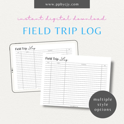 Field Trip Log Printable Template – Digital download for recording school trips, student experiences, and educational outings.