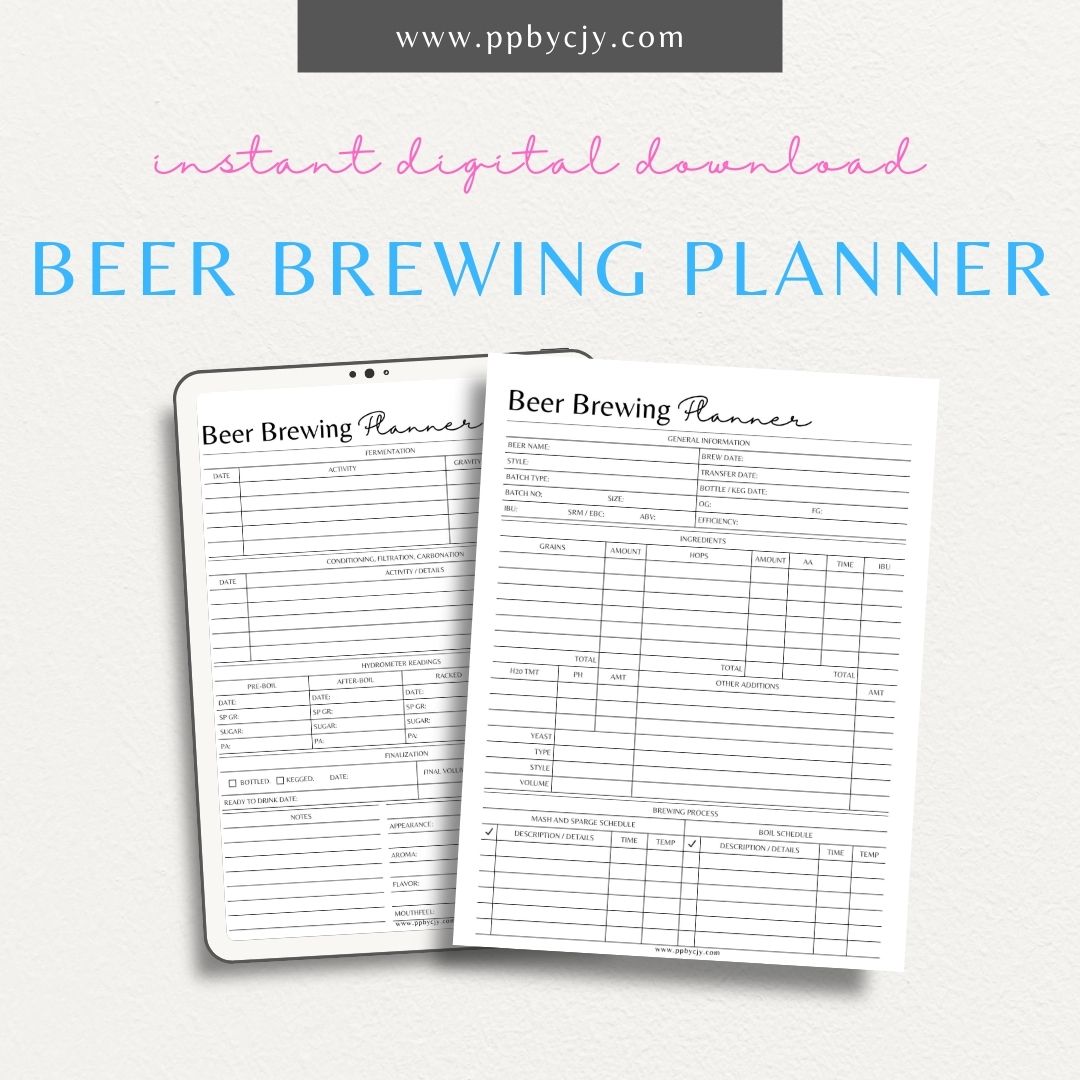 Beer Brewing Planner Printable Template – Digital download for organizing homebrewing recipes, schedules, and fermentation tracking