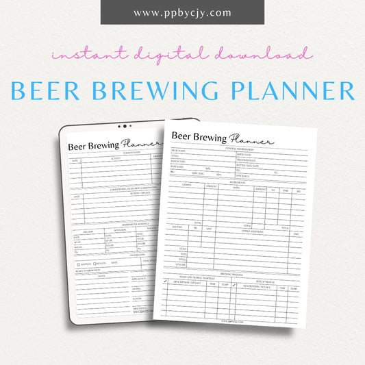 Beer Brewing Planner Printable Template – Digital download for organizing homebrewing recipes, schedules, and fermentation tracking