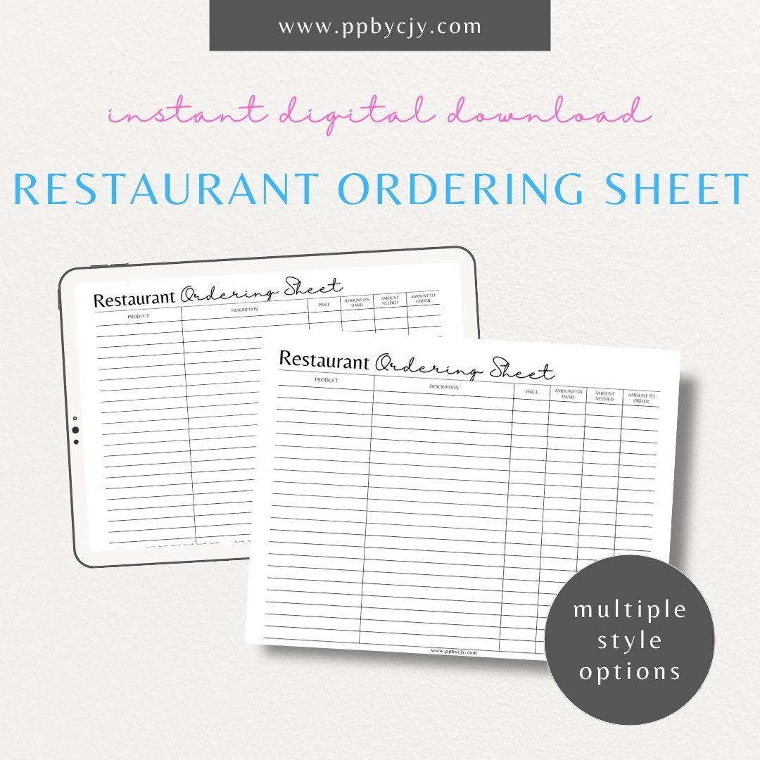 Restaurant Ordering Sheet Template Printable – Digital download for food order tracking