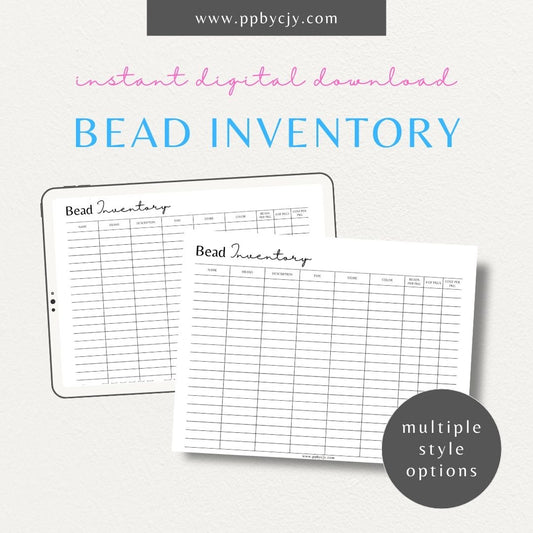 Bead Inventory Printable Template – Digital download for tracking bead collections, organizing craft supplies, and jewelry making projects.