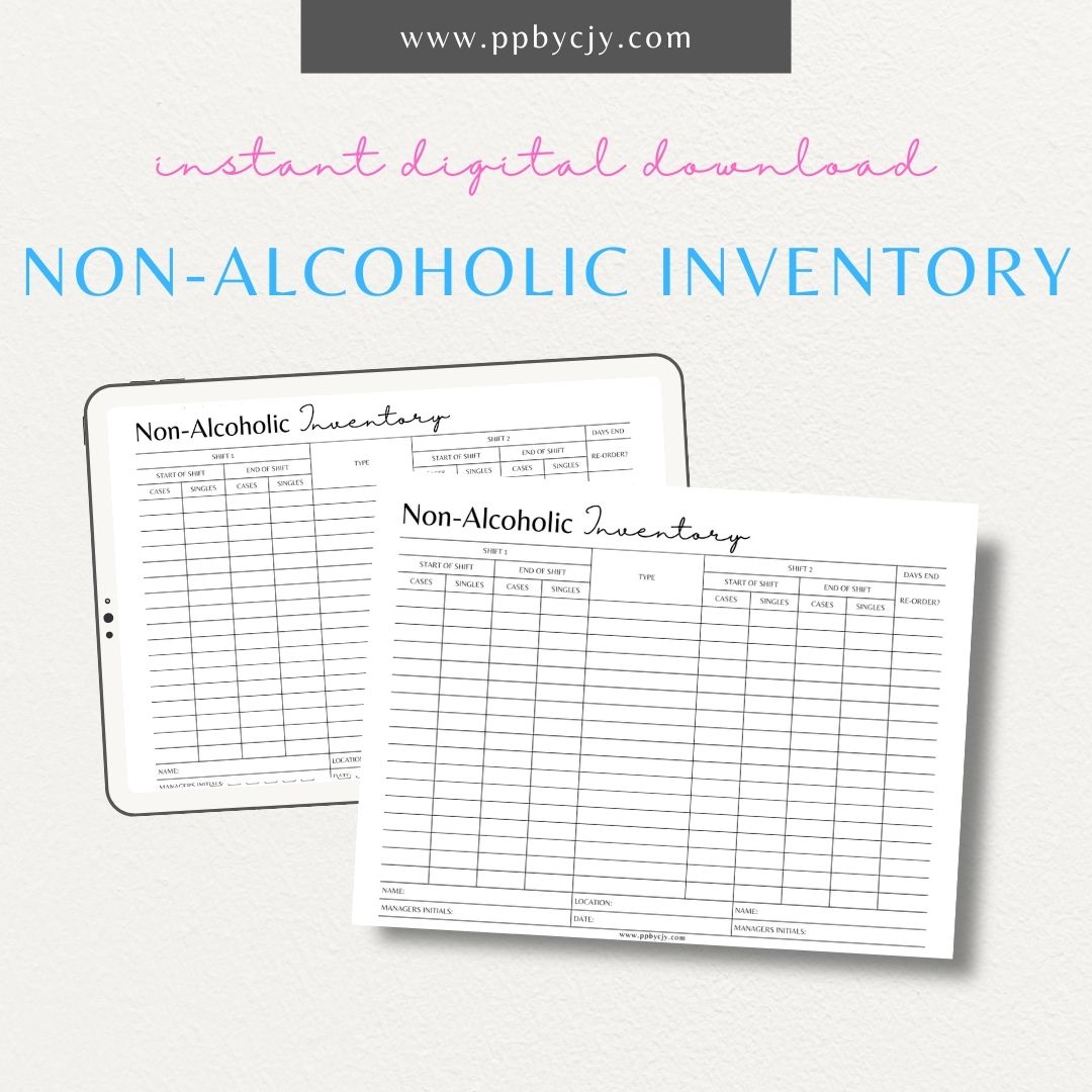 Non-Alcoholic Inventory Printable Template – Digital download for managing beverage stock, tracking non-alcoholic drinks, and organizing bar supplies.