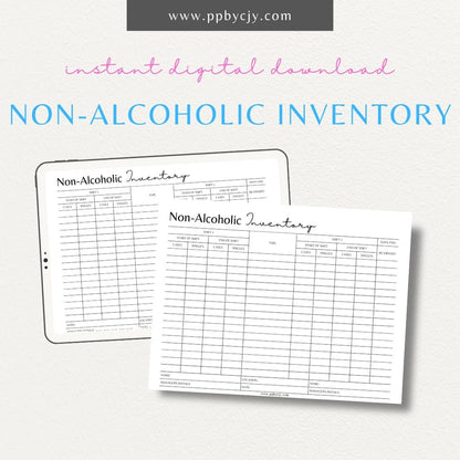 Non-Alcoholic Inventory Printable Template – Digital download for managing beverage stock, tracking non-alcoholic drinks, and organizing bar supplies.