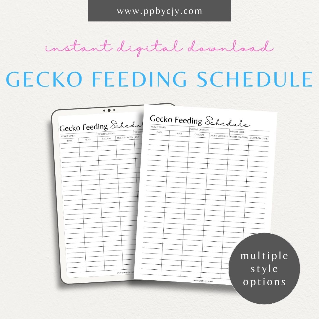 Gecko Feeding Schedule Printable Template – Digital download for tracking meals, snacks, and supplements for your pet gecko.