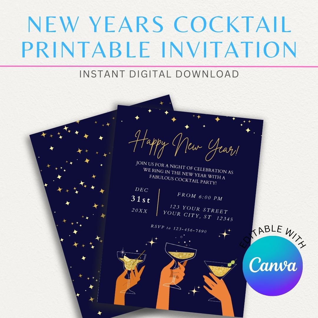 New Year's Eve Cocktail Printable Invitation with a stylish cocktail glass and sparkling accents.

